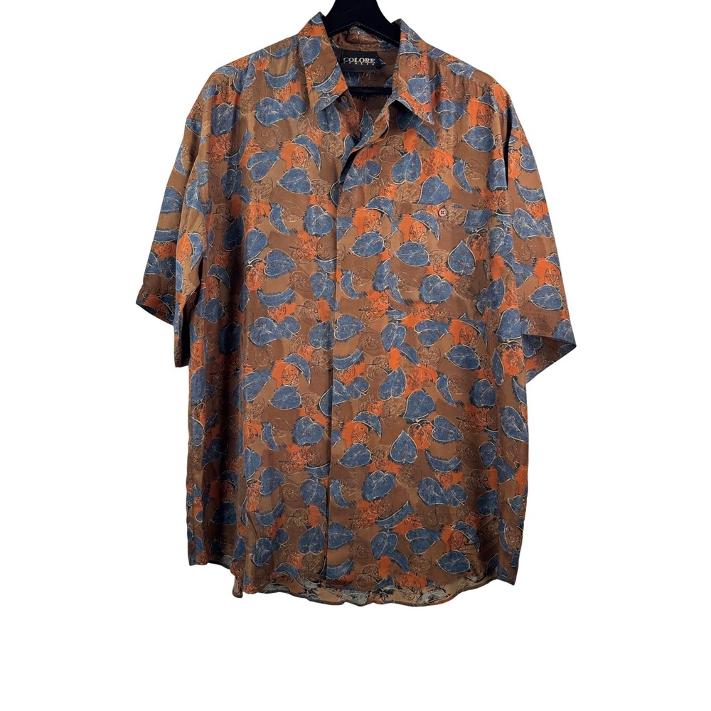 VTG Colore Italia‎ SILK Button Down Shirt sz L Brown tropical classic